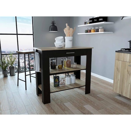 Gfancy Fixtures Light Oak & Black Kitchen Island with Drawer & Two Open Shelves GF3680006